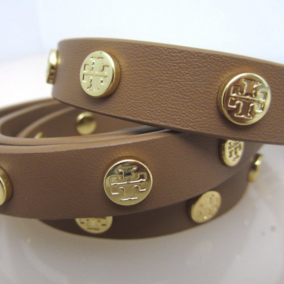 Tory Burch $195 Skinny Studded Logo Belt Tiger Eye Gold XS 1/2" Wide - Picture 2 of 7